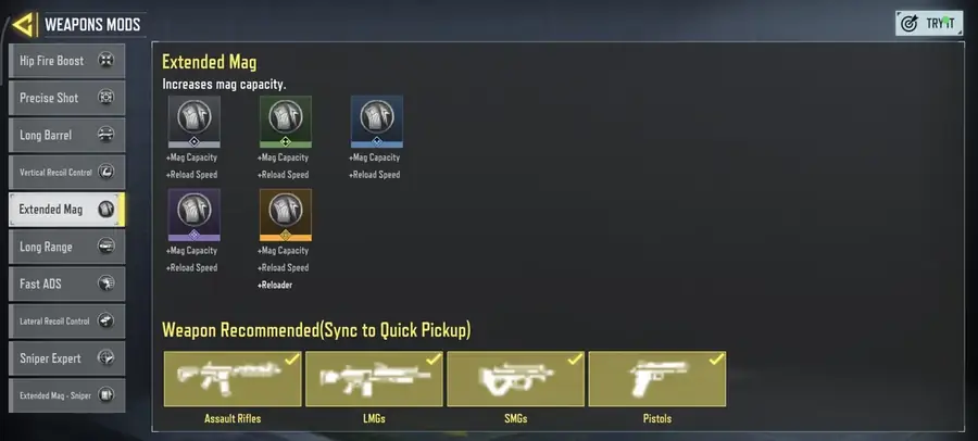 پرک خشاب بزرگ‌تر (Extended Mag) در منوی Weapon Mods بتل رویال کالاف موبایل