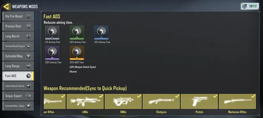 پرک نشانه‌گیری سریع‌تر (Fast ADS) در منوی Weapon Mods بتل رویال کالاف موبایل