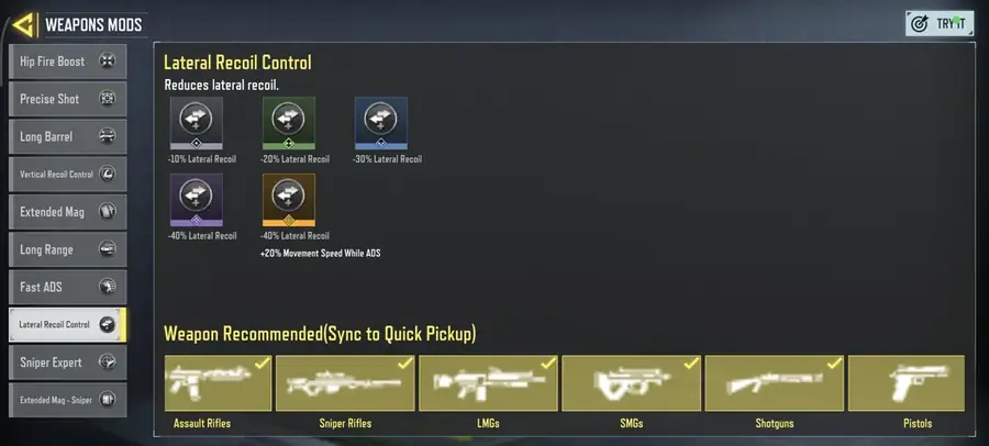 پرک کنترل لگد افقی (Lateral Recoil Control) در منوی Weapon Mods بتل رویال کالاف موبایل