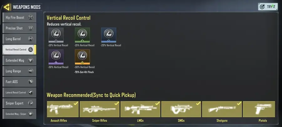 پرک کنترل لگد عمودی (Vertical Recoil Control) در منوی Weapon Mods بتل رویال کالاف موبایل