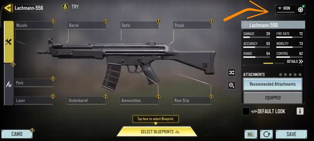 نمایش سطح Iron گان در صفحه Gunsmith کالاف دیوتی موبایل