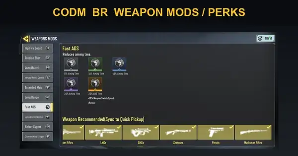 منوی Weapon Mods و پرک Fast ADS در بتل رویال کالاف دیوتی موبایل