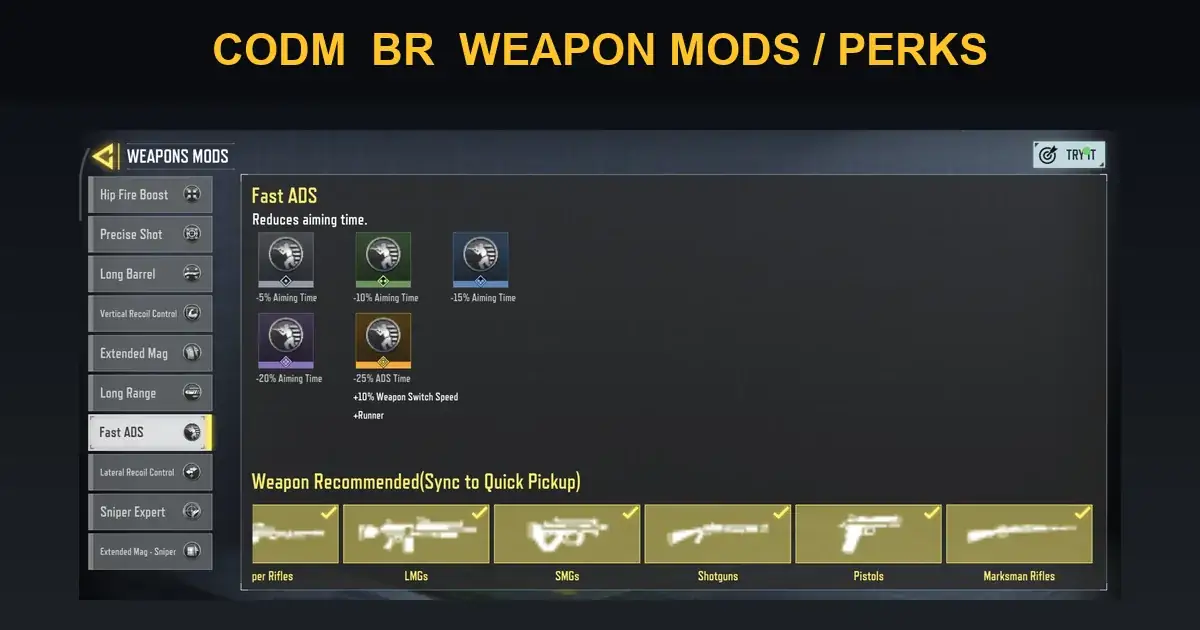 منوی Weapon Mods و پرک Fast ADS در بتل رویال کالاف دیوتی موبایل